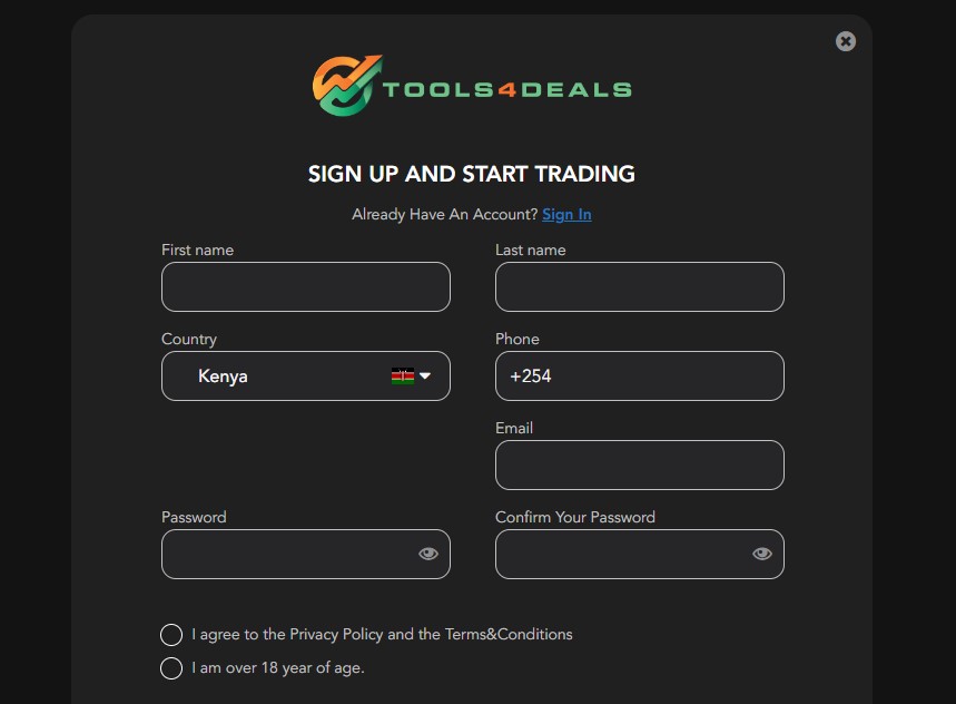 Tools4Deals Sign-up Page